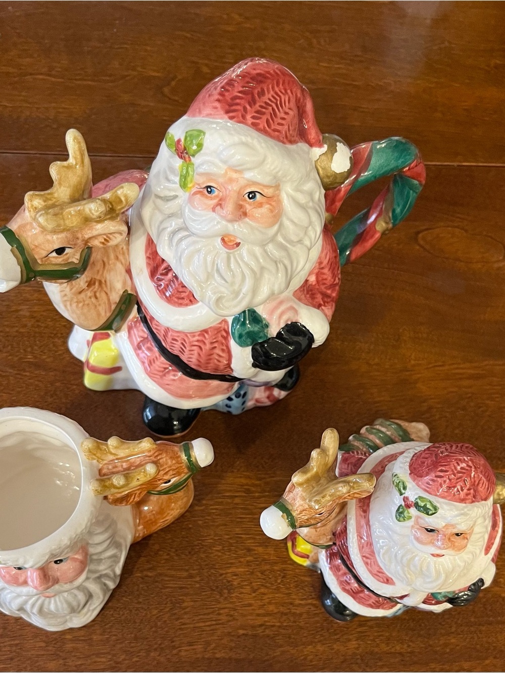 Ceramic Santa Holiday Tea or Hot Chocolate 3 pcs set. Pot, Creamer, Sugar Bowl.
